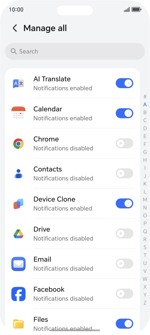 Press the indicators next to the required apps to turn the function on or off.