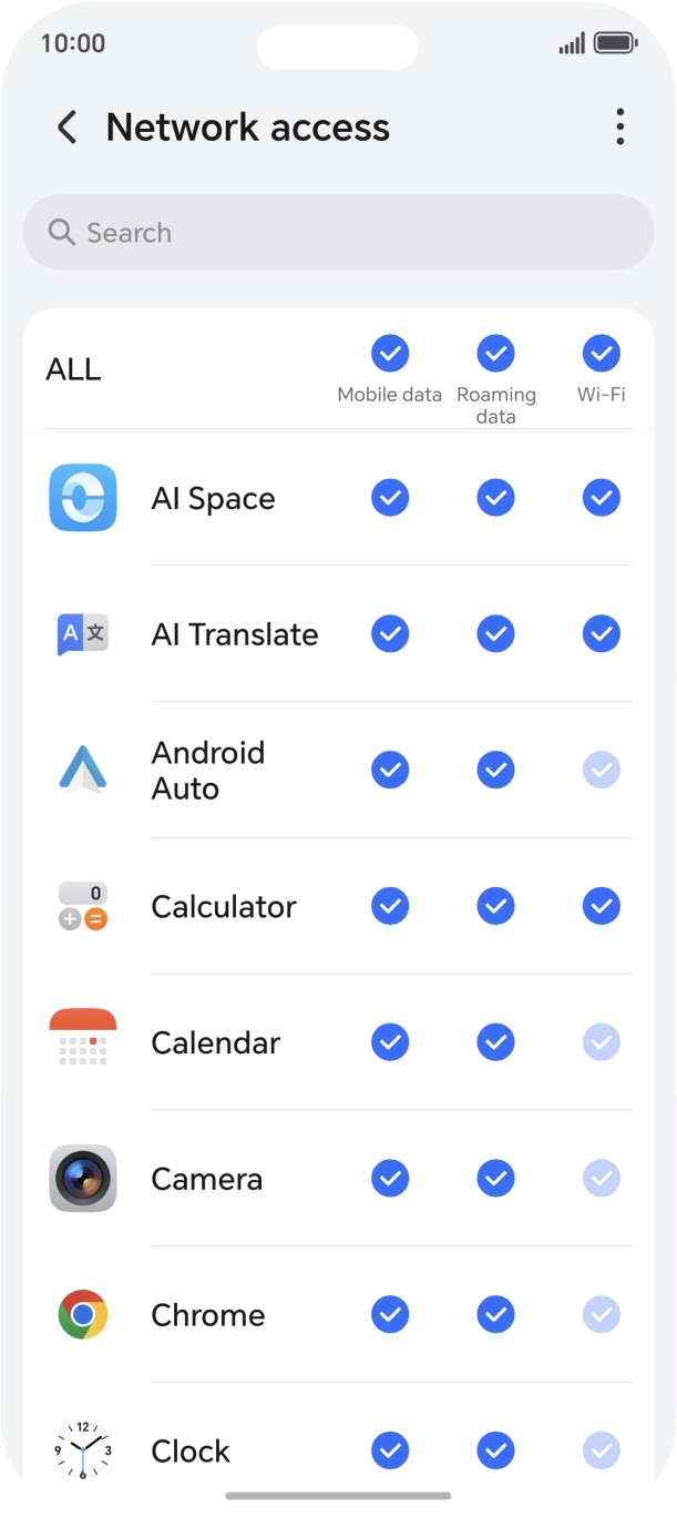 Press the field in the 'Mobile data' column next to the required app to turn the function on or off.