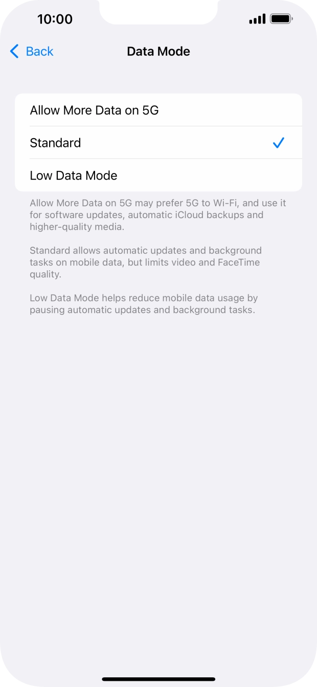 Press the required setting.