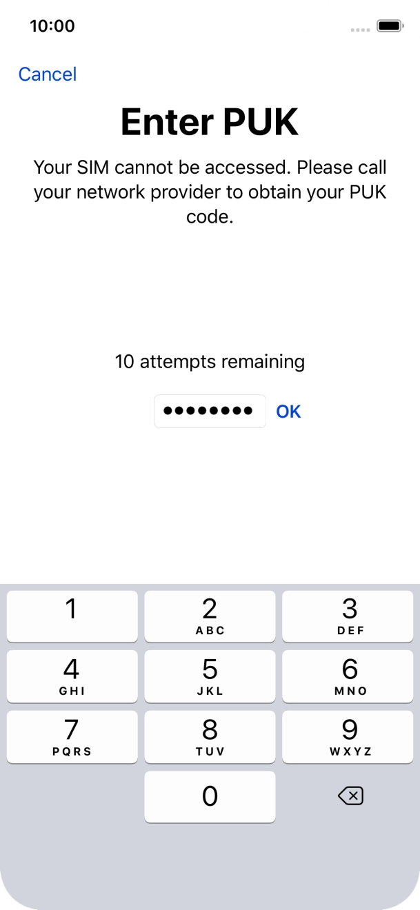 Key in the PUK and press OK.