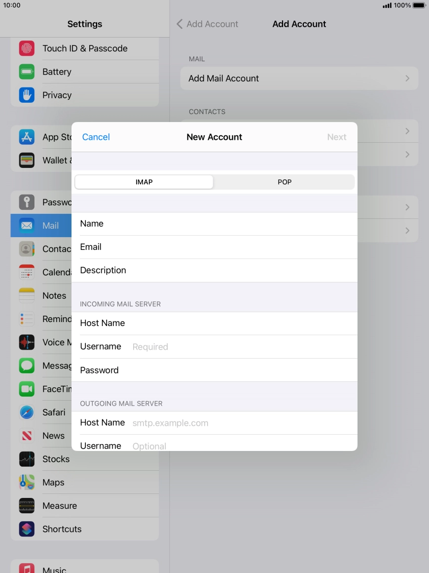 Press Username and key in the username for your email account.