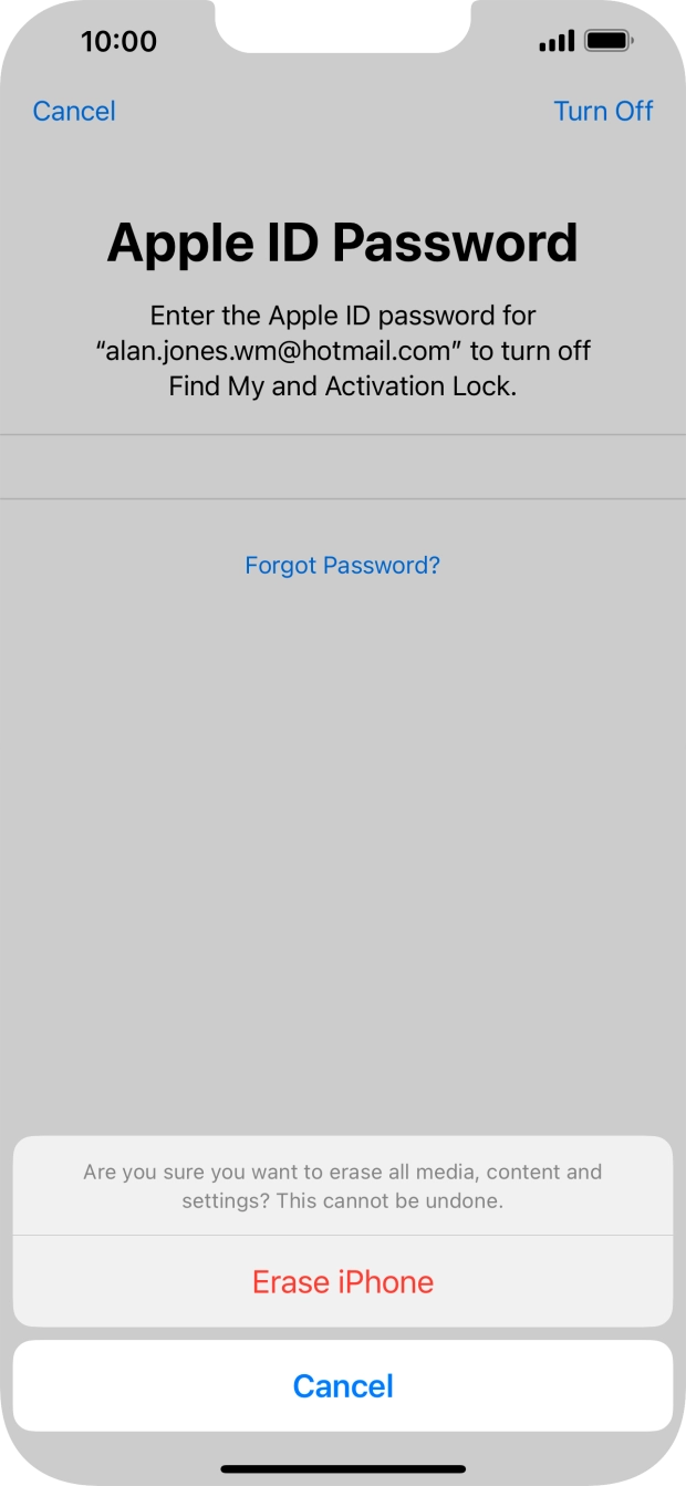 Key in the password for your Apple ID and press Erase iPhone. Wait a moment while the factory default settings are restored. Follow the instructions on the screen to set up your phone and prepare it for use. Key in the password for your Apple ID and press Erase iPhone. Wait a moment while the factory default settings are restored. Follow the instructions on the screen to set up your phone and prepare it for use.