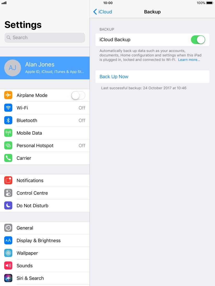 Press Back Up Now and wait while the tablet memory is backed up.