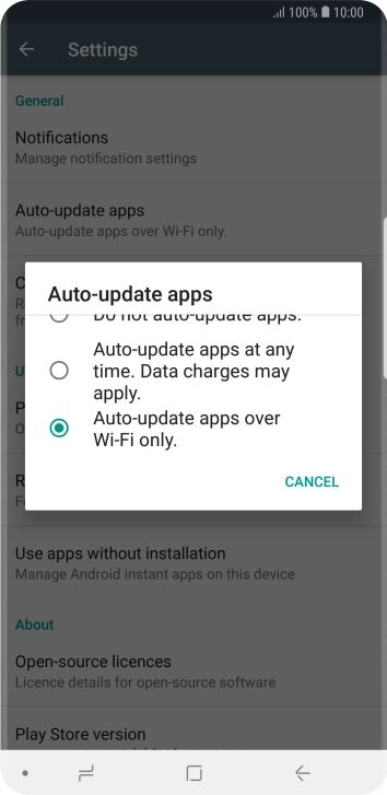 To turn on automatic update of apps using Wi-Fi, press Auto-update apps over Wi-Fi only.. To turn on automatic update of apps using Wi-Fi, press Auto-update apps over Wi-Fi only..