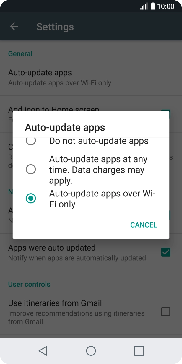 To turn on automatic update of apps using Wi-Fi, press Auto-update apps over Wi-Fi only. To turn on automatic update of apps using Wi-Fi, press Auto-update apps over Wi-Fi only.
