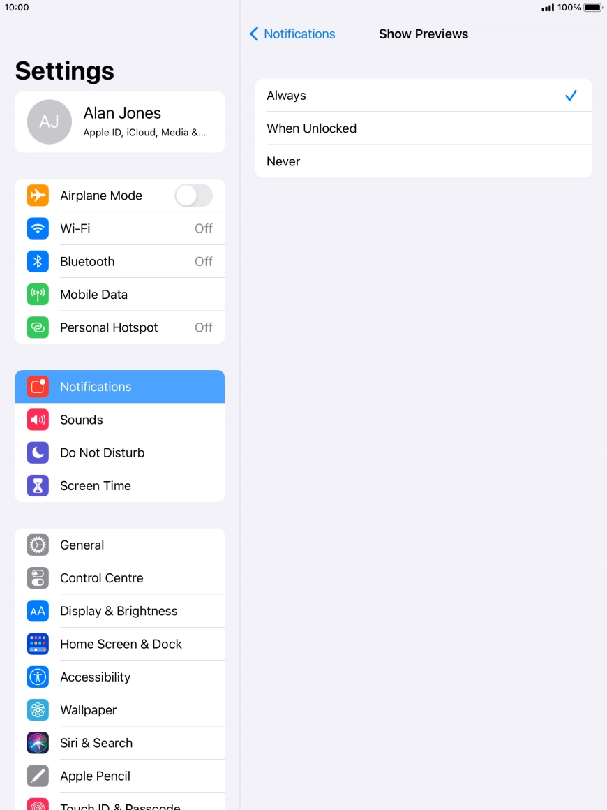 To select notification preview on the lock screen, press Always.