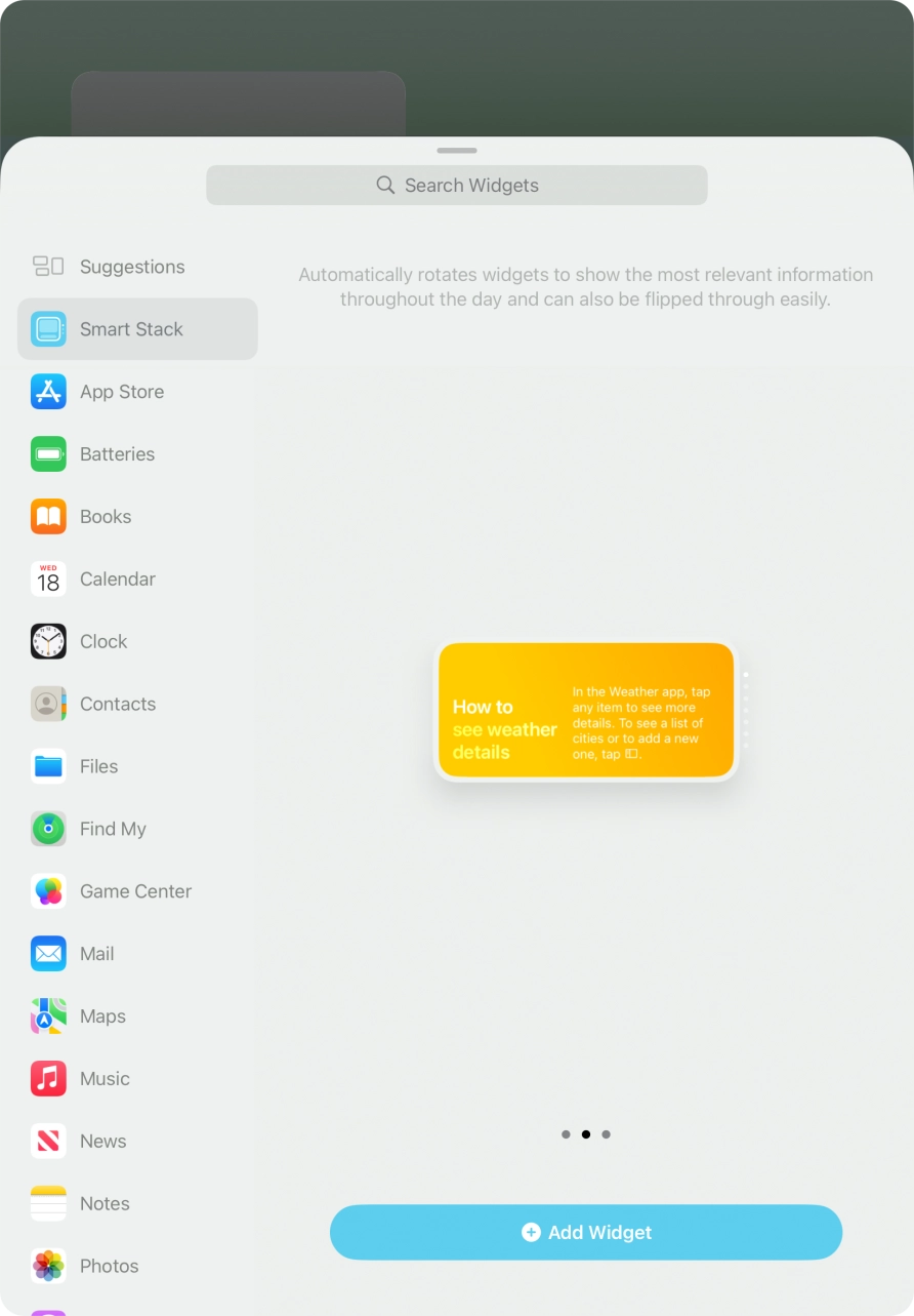Slide your finger right or left on the screen to select the required widget size.