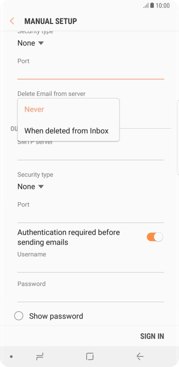 Press Never to keep email on the server when you delete them on your phone. Press Never to keep email on the server when you delete them on your phone.