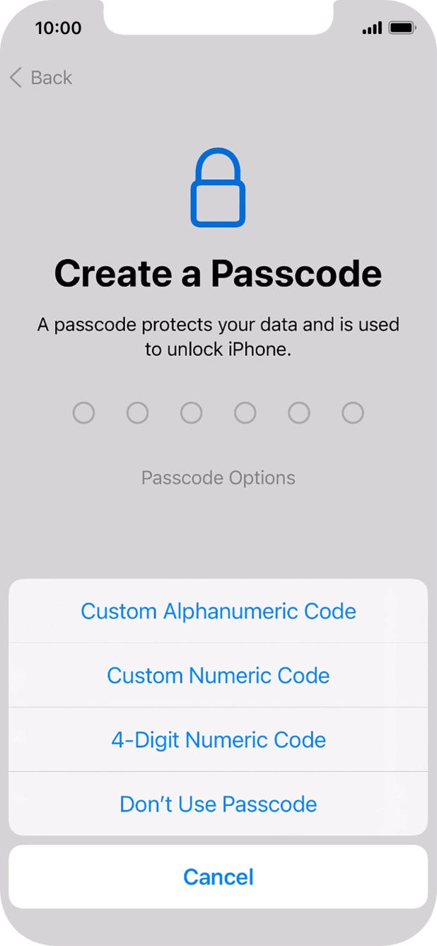 Follow the instructions on the screen to turn on use of phone lock code or press Don't Use Passcode.