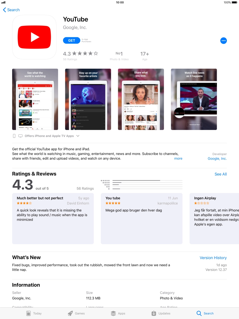 Press GET and follow the instructions on the screen to install YouTube.
