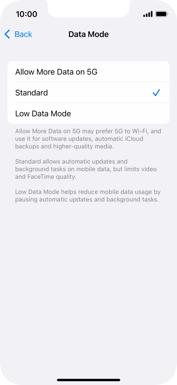 Press the required setting.