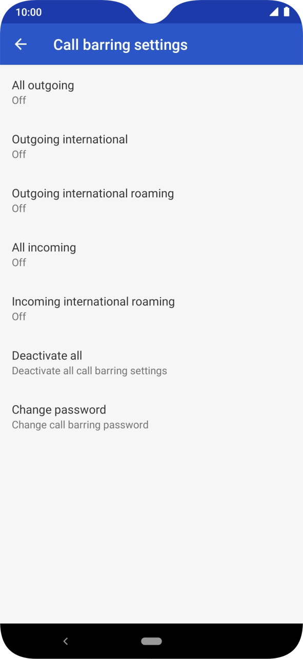 Press the required barring type to turn the function on or off.