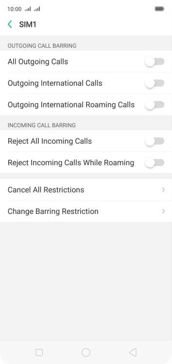 Press the field next to the required barring type to turn the function on or off. Press the field next to the required barring type to turn the function on or off.