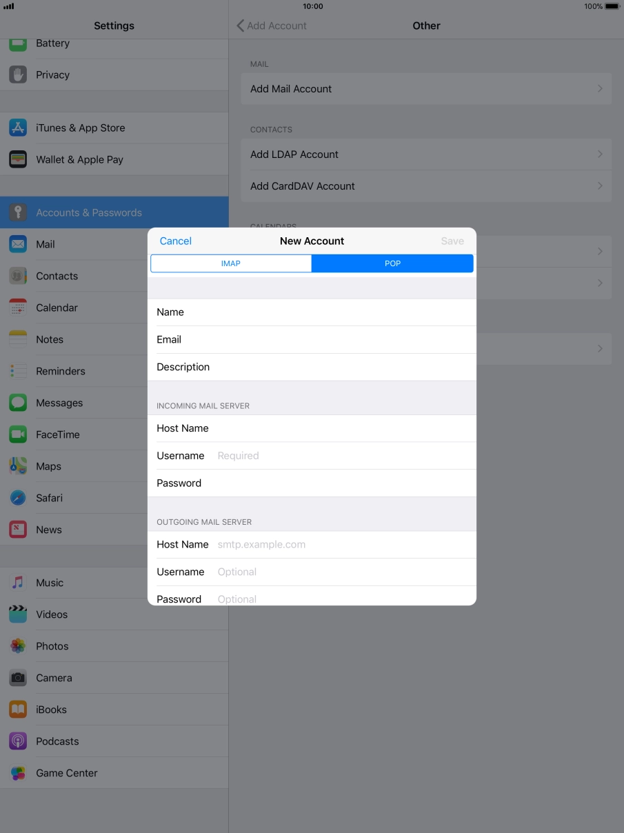 Press Username and key in the username for your email account.