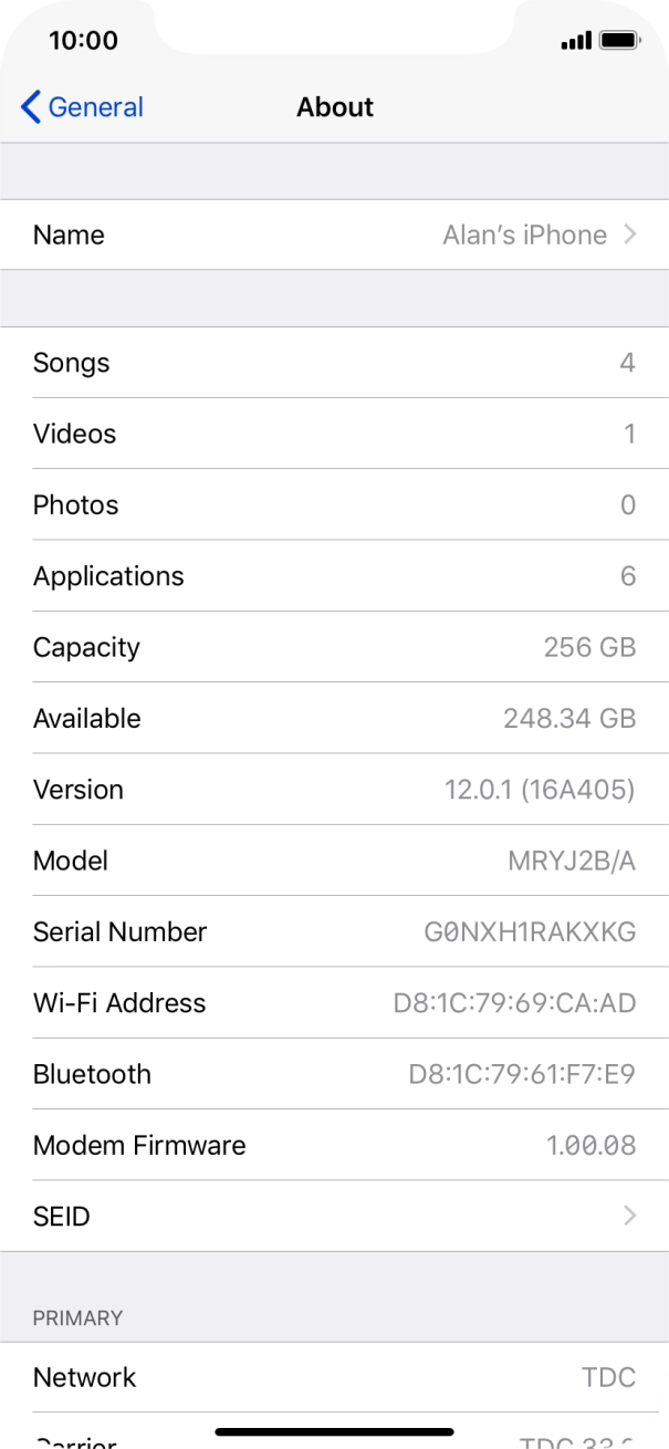 Your phone's software version is displayed next to Version.
