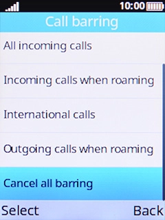 Select Cancel all barring and key in your barring password.