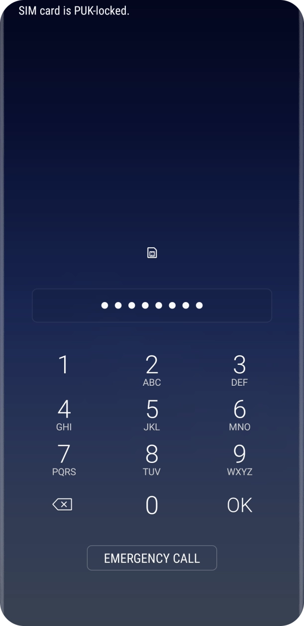 Key in the PUK and press OK.