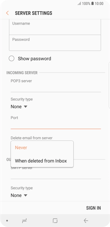 Press Never to keep email on the server when you delete them on your phone. Press Never to keep email on the server when you delete them on your phone.