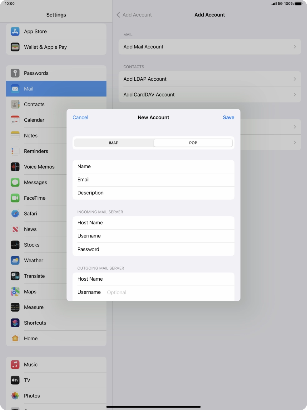 Press Username and key in the username for your email account.