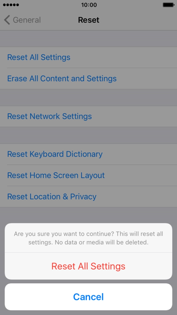 Press Reset All Settings. Wait a moment while the factory default settings are restored. 
Follow the instructions on the screen to set up your phone and prepare it for use.