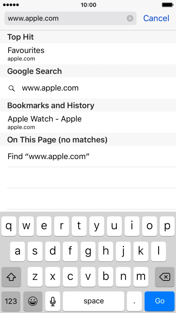Key in the address of the required web page and press Go.