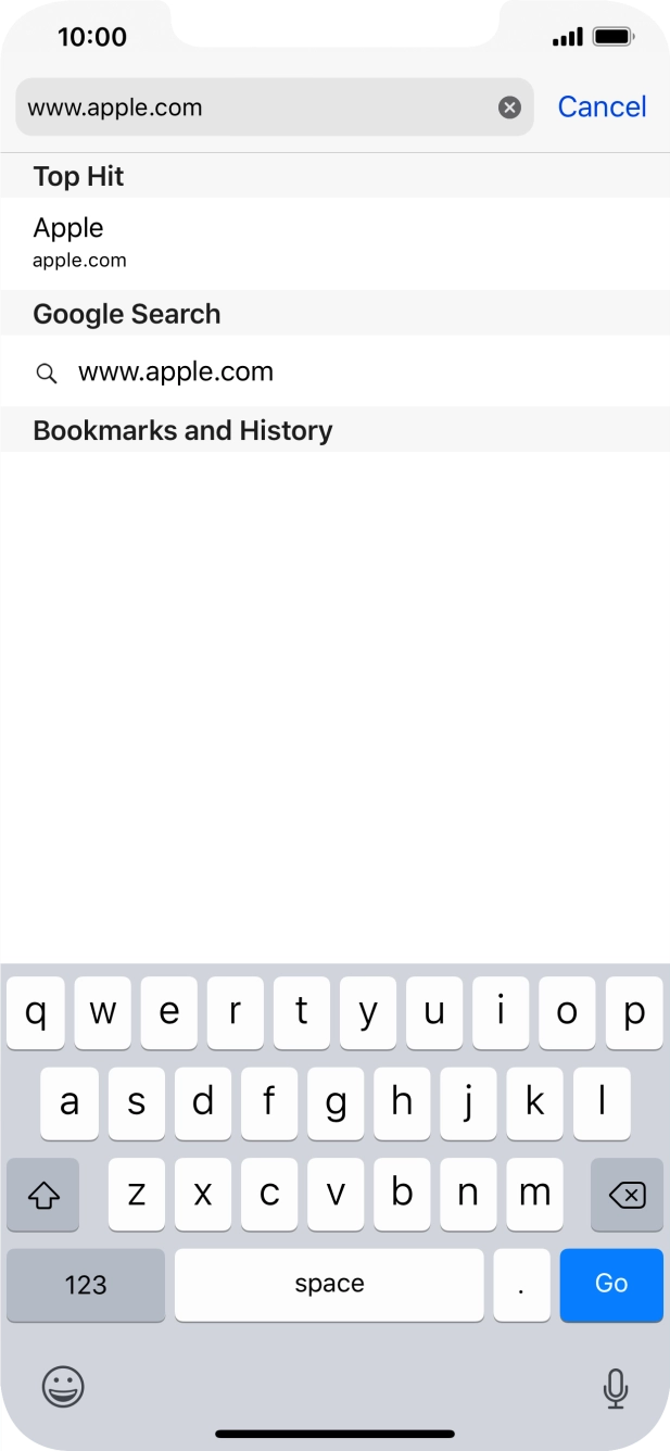 Key in the address of the required web page and press Go.