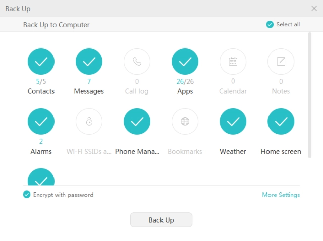 Click Backup and wait while the phone memory is backed up.