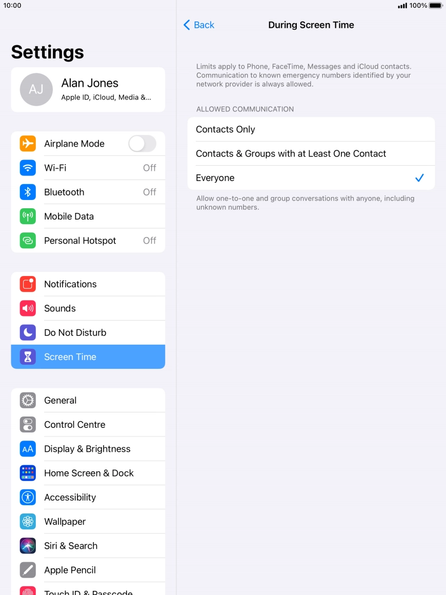 Press the required setting.