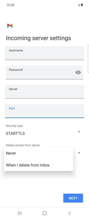 Press Never to keep email on the server when you delete them on your phone. Press Never to keep email on the server when you delete them on your phone.