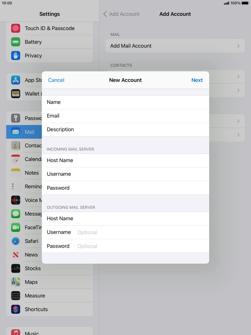 Press Username and key in the username for your email account.