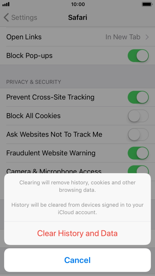 Press Clear History and Data.