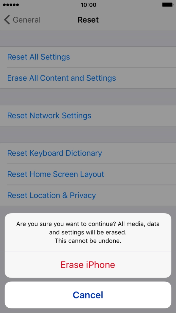 Press Erase iPhone. Wait a moment while the factory default settings are restored. 
Follow the instructions on the screen to set up your phone and prepare it for use.