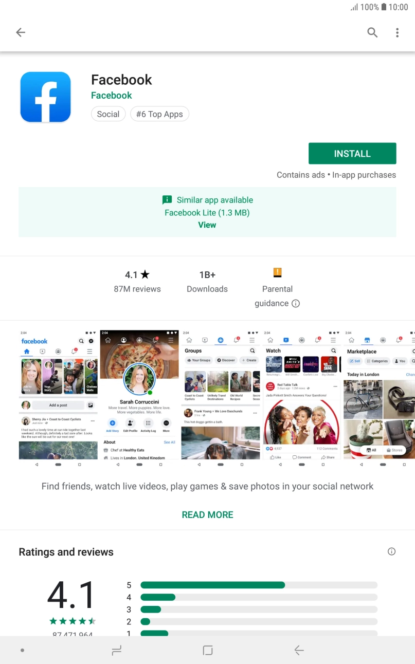 Press INSTALL and follow the instructions on the screen to install Facebook. Press INSTALL and follow the instructions on the screen to install Facebook.
