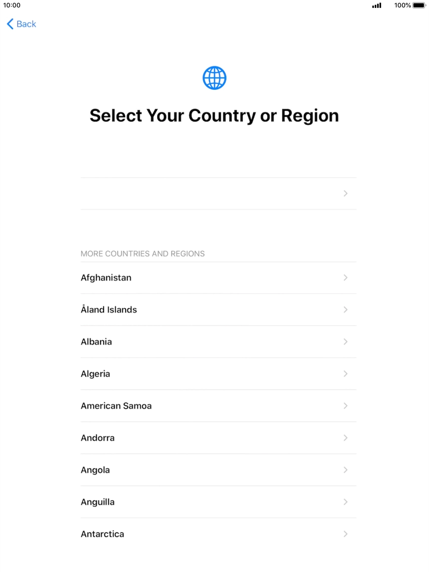 Press the required country or area. Press the required country or area.
