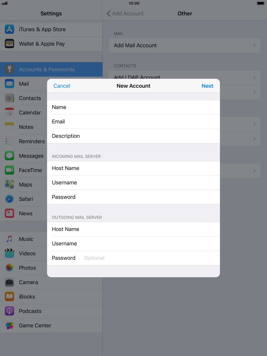 Press Password and key in the password for your email account.