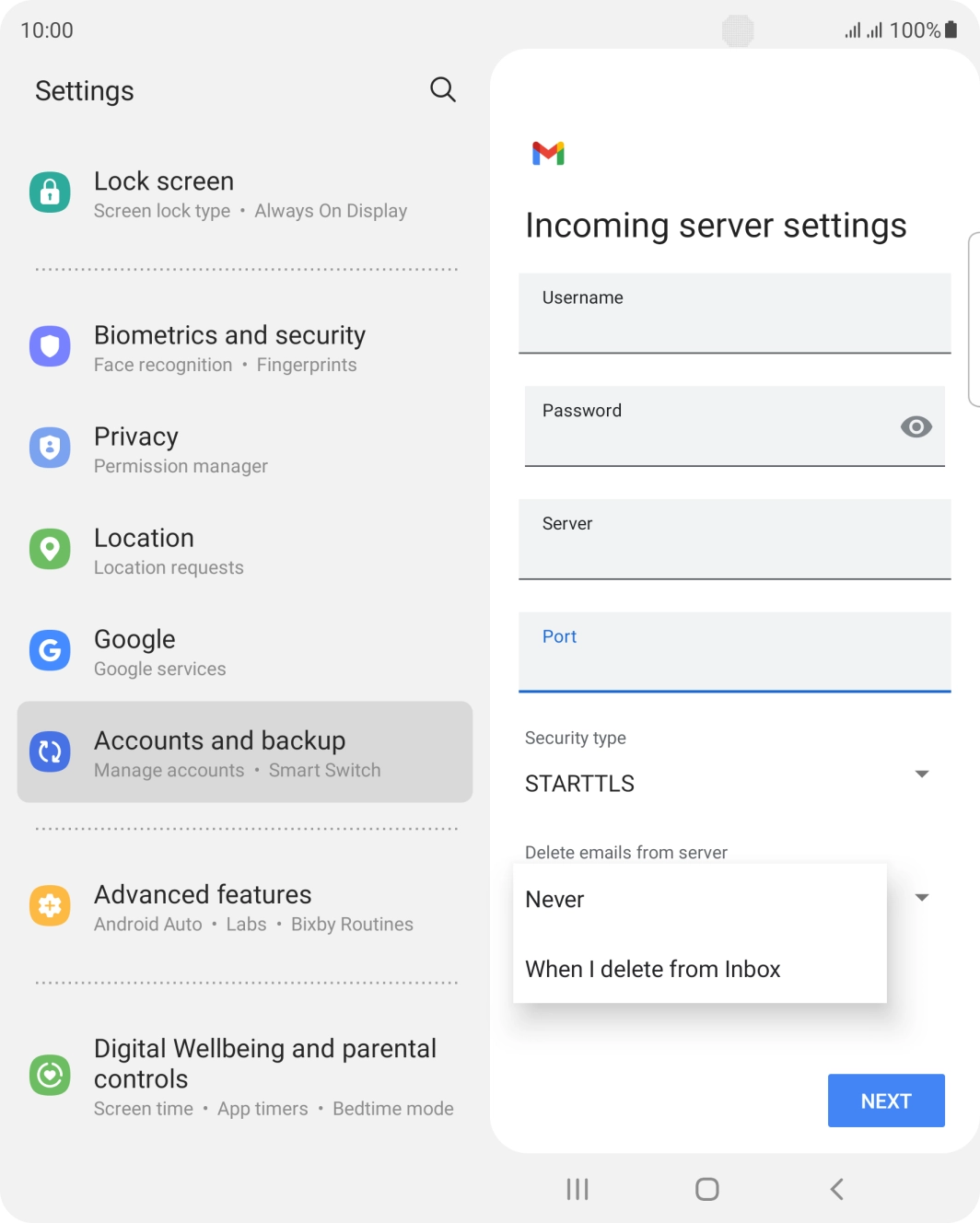 Press Never to keep email on the server when you delete them on your phone. Press Never to keep email on the server when you delete them on your phone.