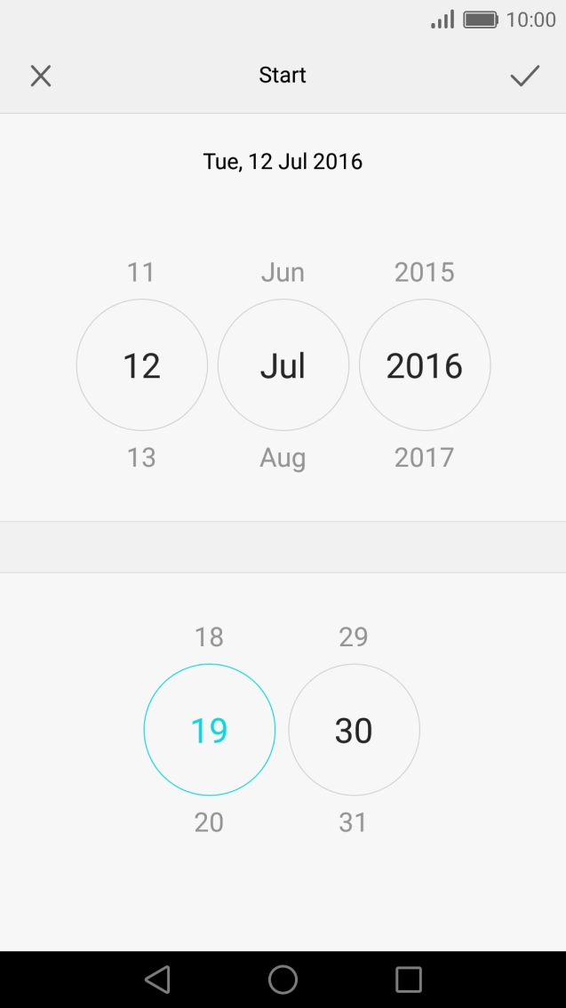 Drag the indicator to the required hour and minute and press the confirm icon.