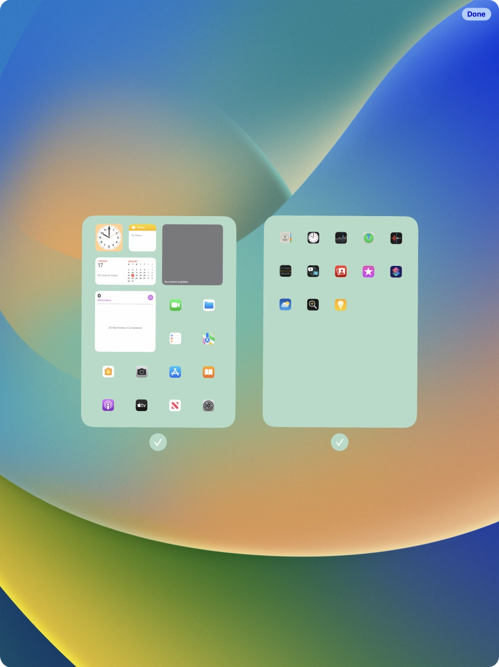Press the fields below the required home screens to select or deselect them.