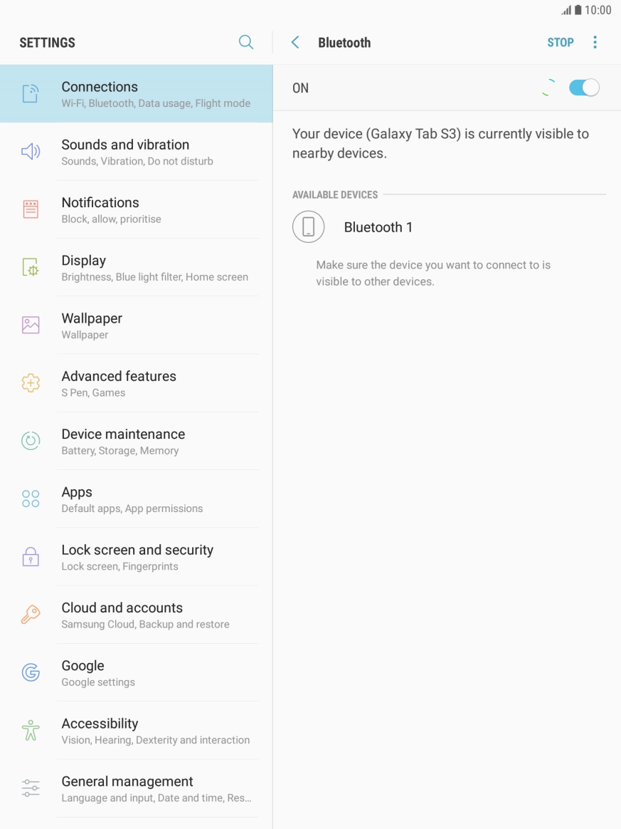 Press the required Bluetooth device and follow the instructions on the screen to pair the device with your tablet.