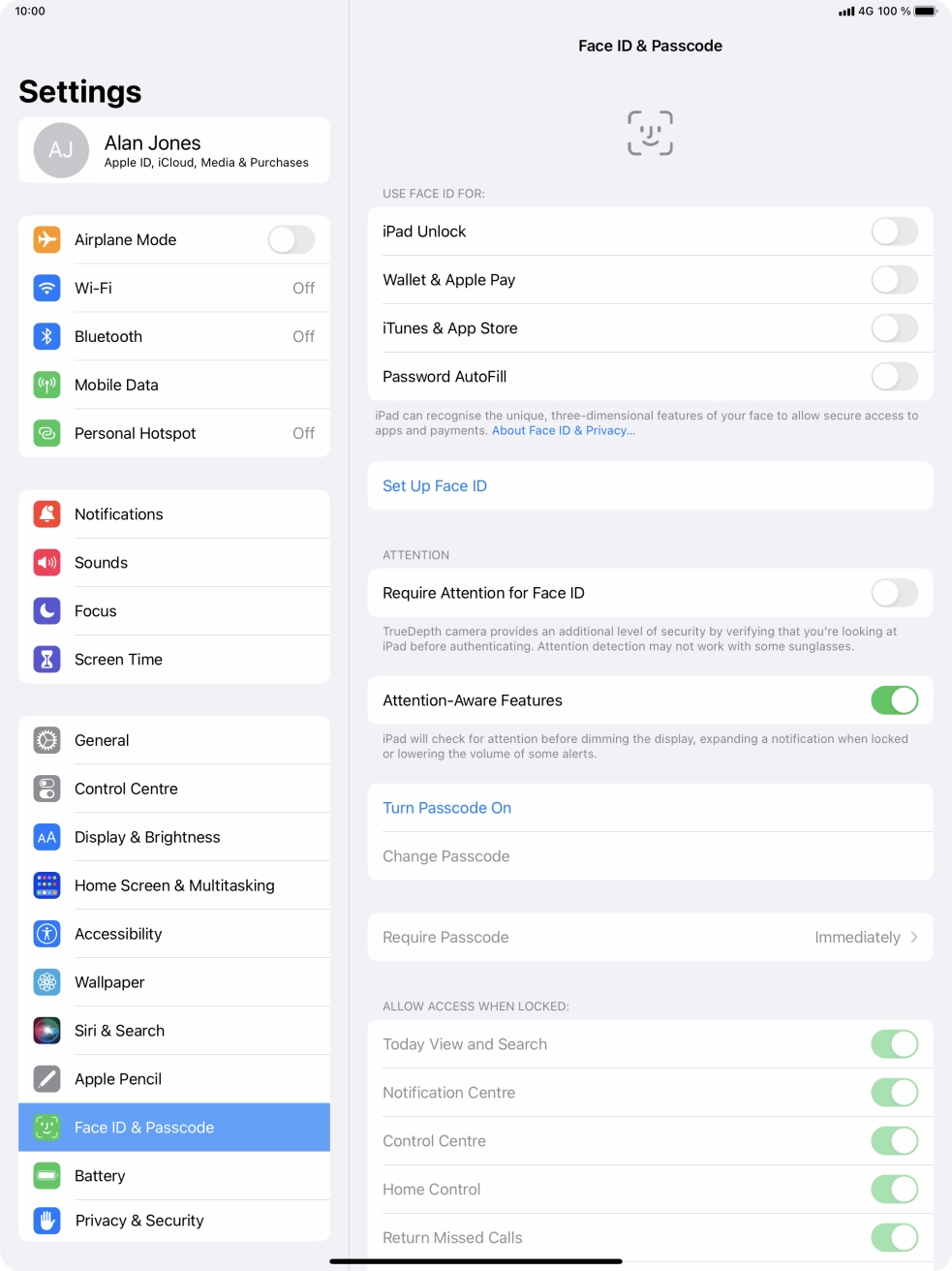 Press Turn Passcode On and key in a lock code of your own choice twice.