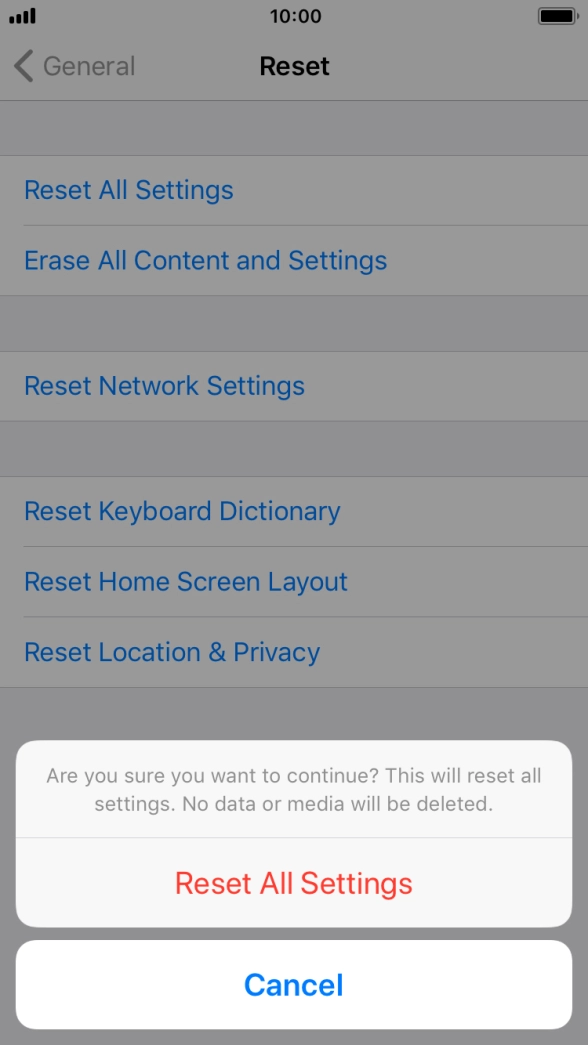 Press Reset All Settings. Wait a moment while the factory default settings are restored. Follow the instructions on the screen to set up your phone and prepare it for use. Press Reset All Settings. Wait a moment while the factory default settings are restored. Follow the instructions on the screen to set up your phone and prepare it for use.