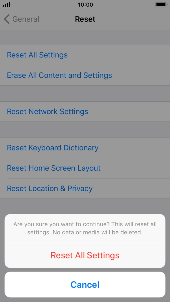 Press Reset All Settings. Wait a moment while the factory default settings are restored. Follow the instructions on the screen to set up your phone and prepare it for use. Press Reset All Settings. Wait a moment while the factory default settings are restored. Follow the instructions on the screen to set up your phone and prepare it for use.
