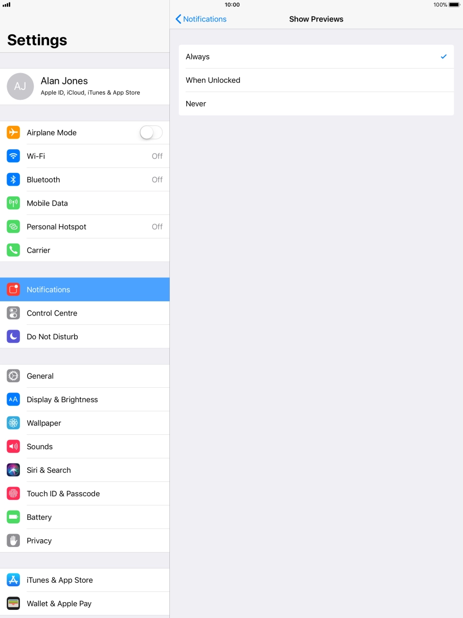 To select notification preview on the lock screen, press Always.