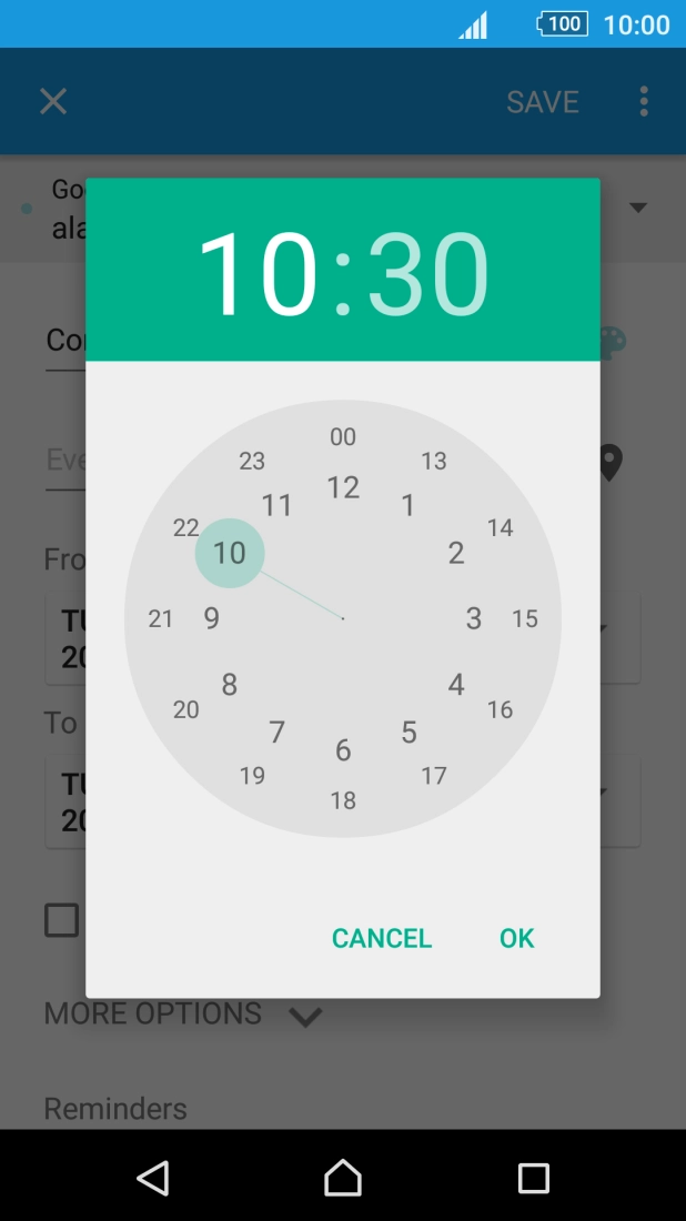 Drag the indicator to the required hour and minute.