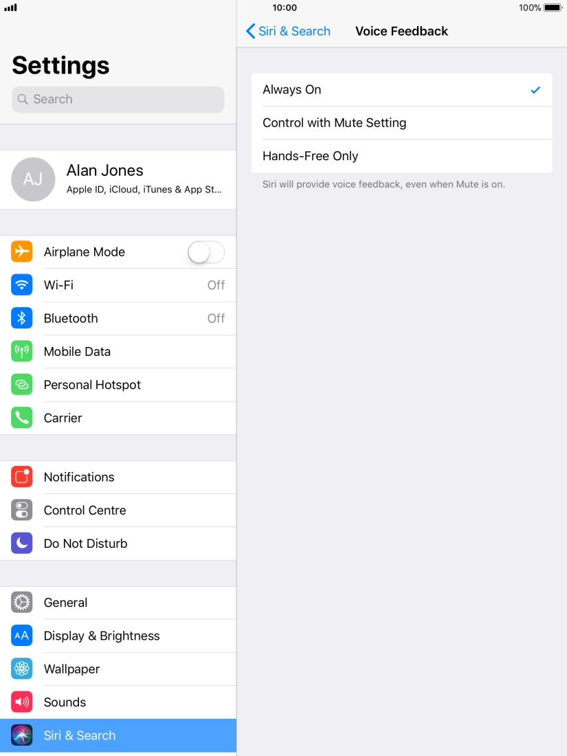 Press the required setting.
