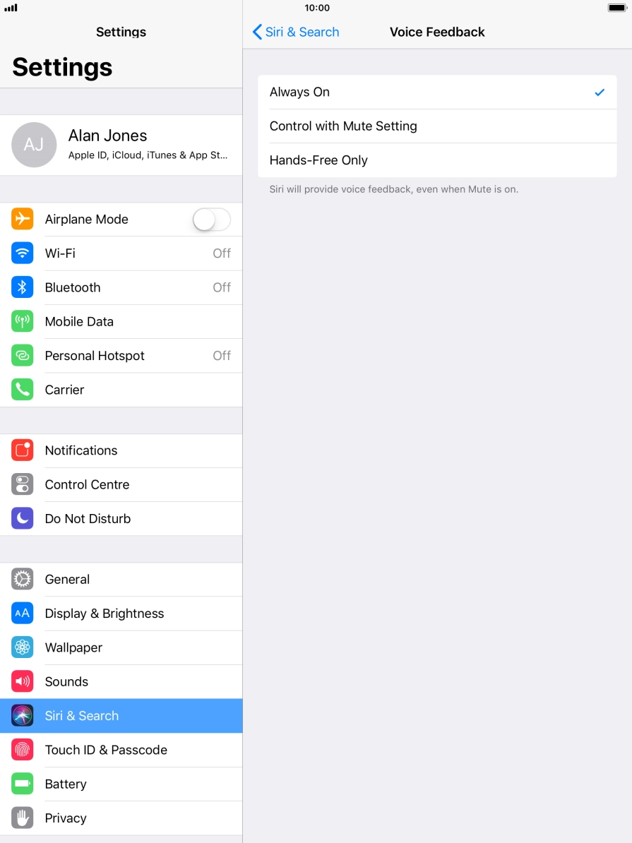 Press the required setting.