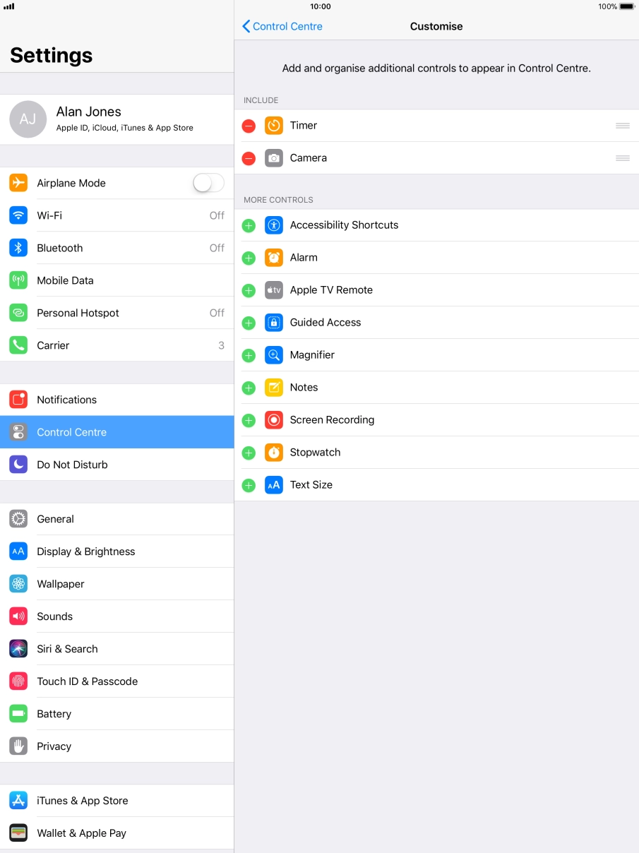 Press the delete icon next to the required function to remove it from Control Centre.