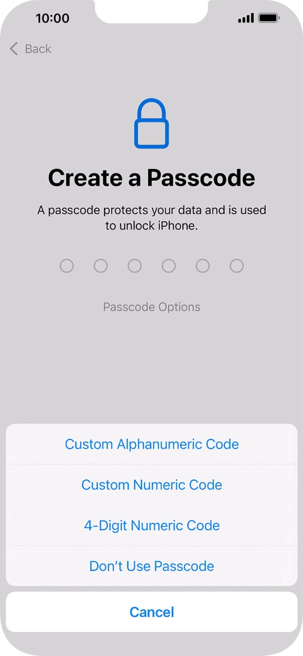 Follow the instructions on the screen to turn on use of phone lock code or press Don't Use Passcode.