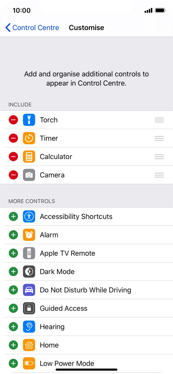 Press the delete icon next to the required function to remove it from Control Centre.