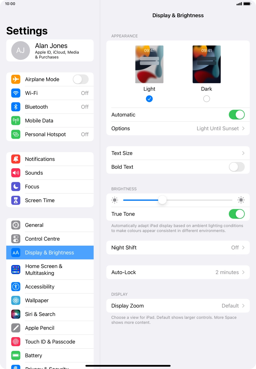 If you turn on the function, press Options and follow the instructions on the screen to select the required period of time for Dark Mode.